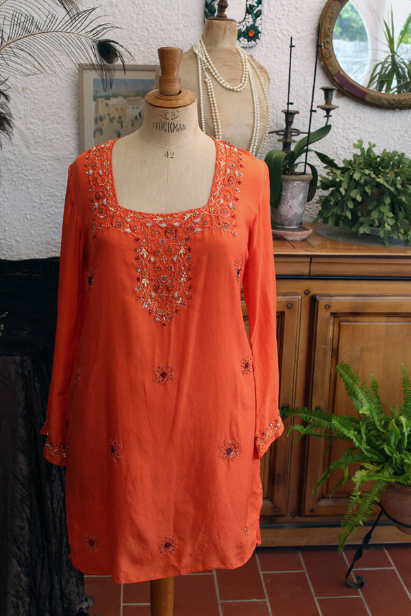 90's Orange Silk Embroidered Summer Tunic