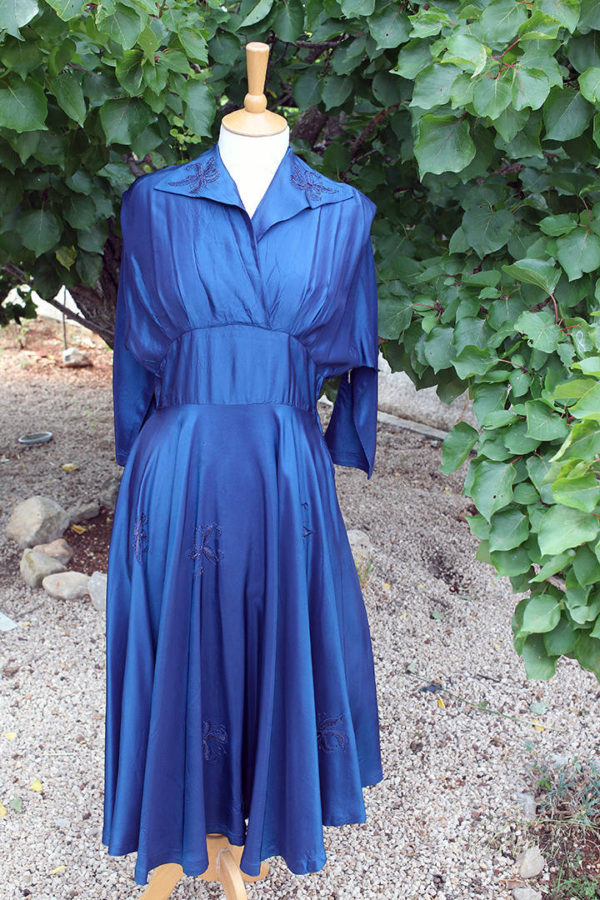 50's Blue Dress with Floral Embroidery