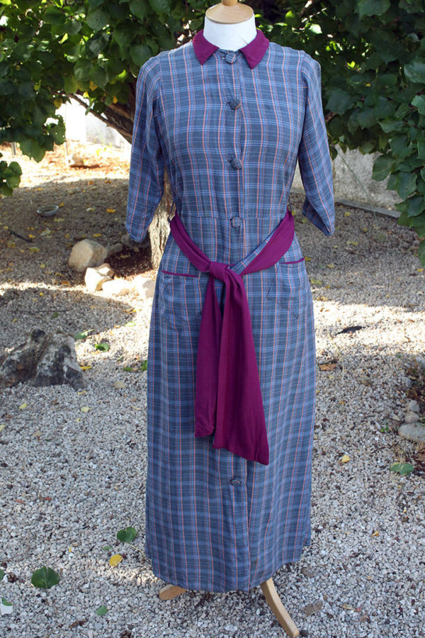 30's  Full Length Button Through Plaid Cotton Day Dress